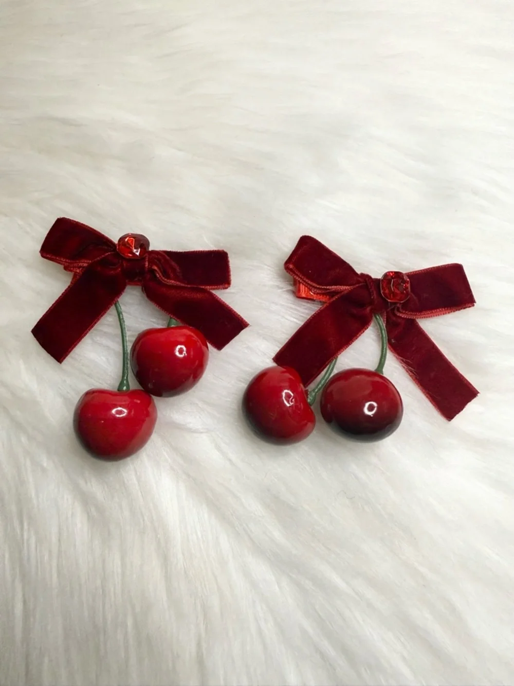 Red Cherry Hair Clip Velvet Bow Women Hair Accessories New Handmade Gift Lot 2